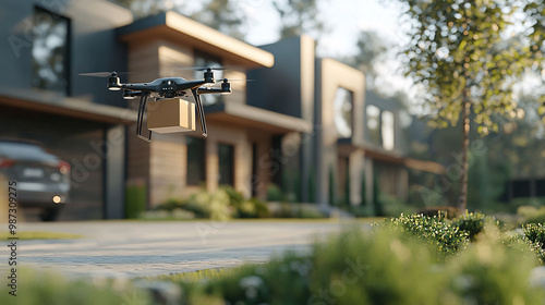 Drone delivering a package to a modern home