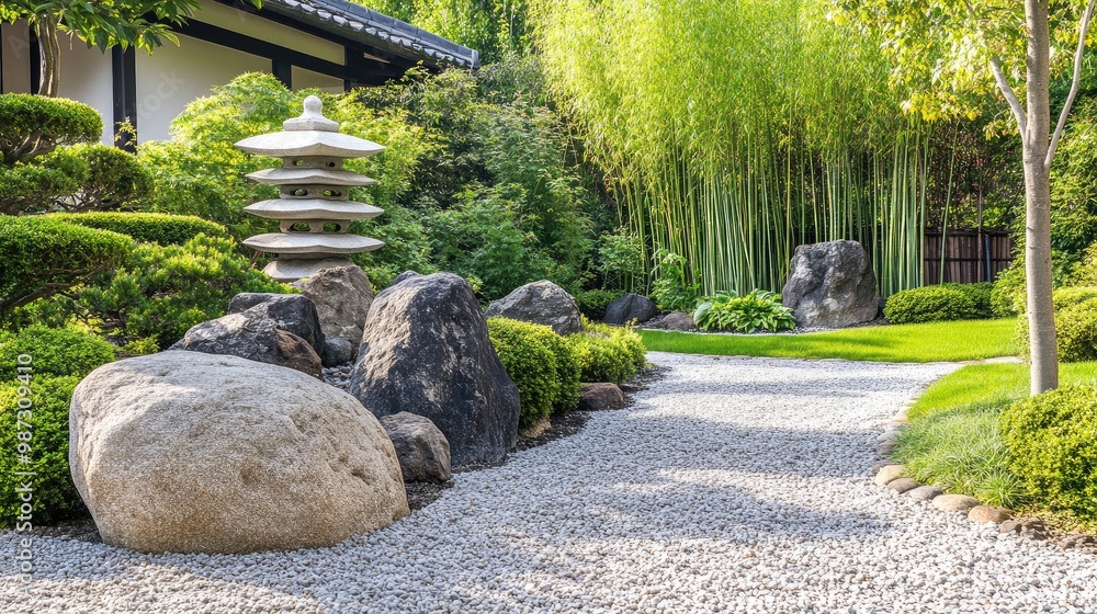 Obraz premium Japanese front yard garden with large boulders, a stone pagoda, and carefully arranged bamboo plants, no people, no logo.
