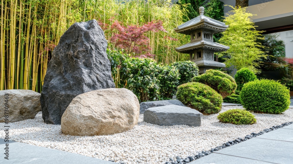 Japanese front yard garden with large boulders, a stone pagoda, and carefully arranged bamboo plants, no people, no logo. Japanese front yard garden with large boulders, a stone pagoda, and carefully arranged bamboo plants, no people, no logo.