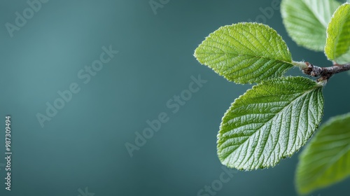 Cluster of green leaves on a branch, captured in a detailed, close-up image against a blurred background, emphasizing the natural beauty and fresh foliage.