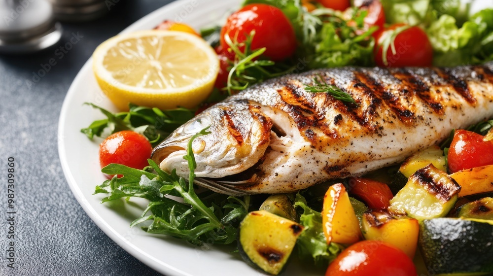 A low-carb diet plate featuring grilled fish, fresh salad, and roasted vegetables, keeping carbohydrate intake to a minimum A low-carb diet plate featuring grilled fish, fresh salad, and roasted vegetables, keeping carbohydrate intake to a minimum