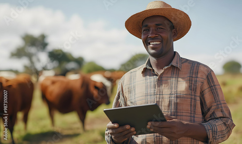 Male farmer uses digital tablet in cattle ranch. Smart farming photo