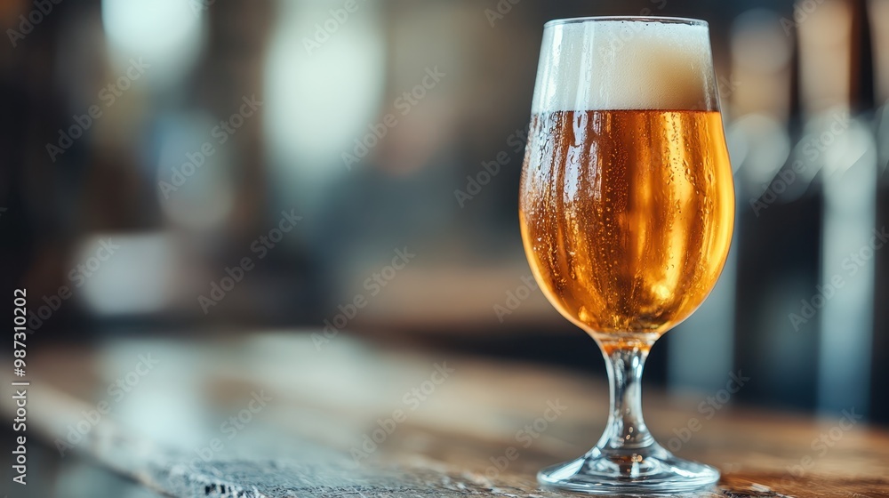 A goblet glass filled with golden beer, showcasing its frothy head, placed on a rustic wooden bar surface, creating an inviting and classic pub ambiance. A goblet glass filled with golden beer, showcasing its frothy head, placed on a rustic wooden bar surface, creating an inviting and classic pub ambiance.