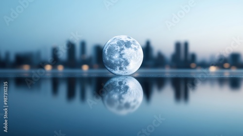 A serene image featuring a full moon reflecting on calm blue water while a distant blurred cityscape stretches across the background, displaying a tranquil atmosphere.