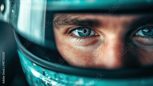 This image features a close-up of a helmet with a glass visor highlighted in turquoise hues, capturing intricate details and a futuristic aesthetic.