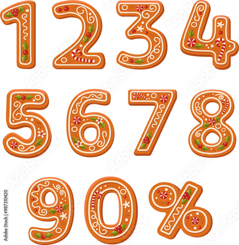 Gingerbread cookie numbers set. Christmas Decorated Sweet biscuit numeral. Flat vector cartoon style isolated on white background. 