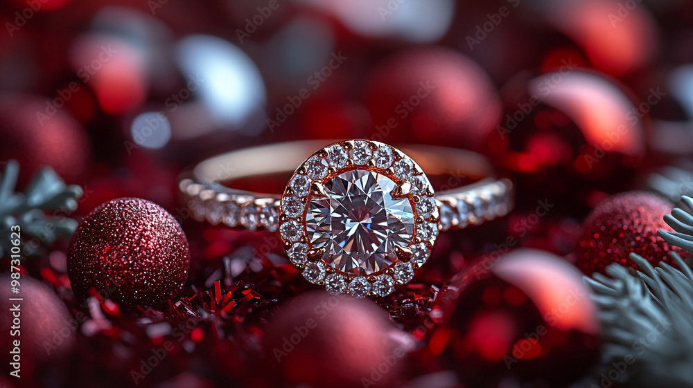Exquisite engagement ring and Christmas decor. Minimalism. High quality photos. Stock photo. Exquisite engagement ring and Christmas decor. Minimalism. High quality photos. Stock photo.