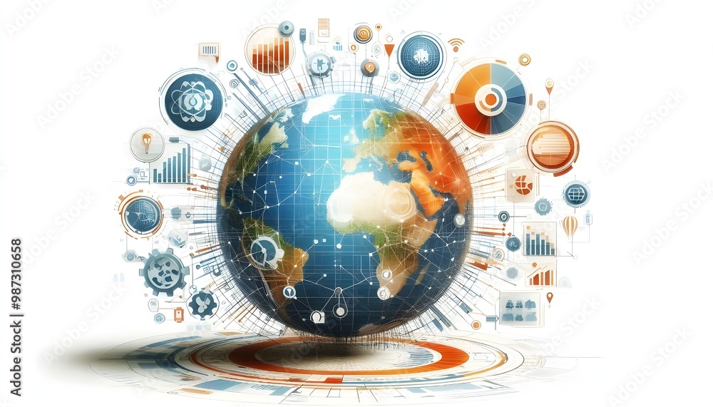 A digital illustration of a stylized globe with infographic icons on a white background, depicting global connectivity or data exchange