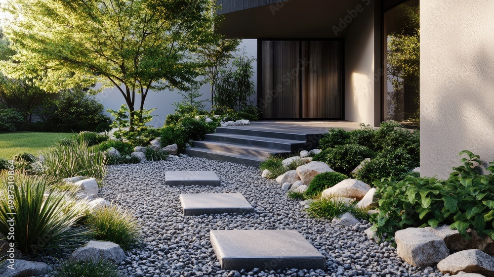 Obraz premium Simple front yard with small stone steps leading through a gravel bed with sparse, modern plants, no people, no logos.