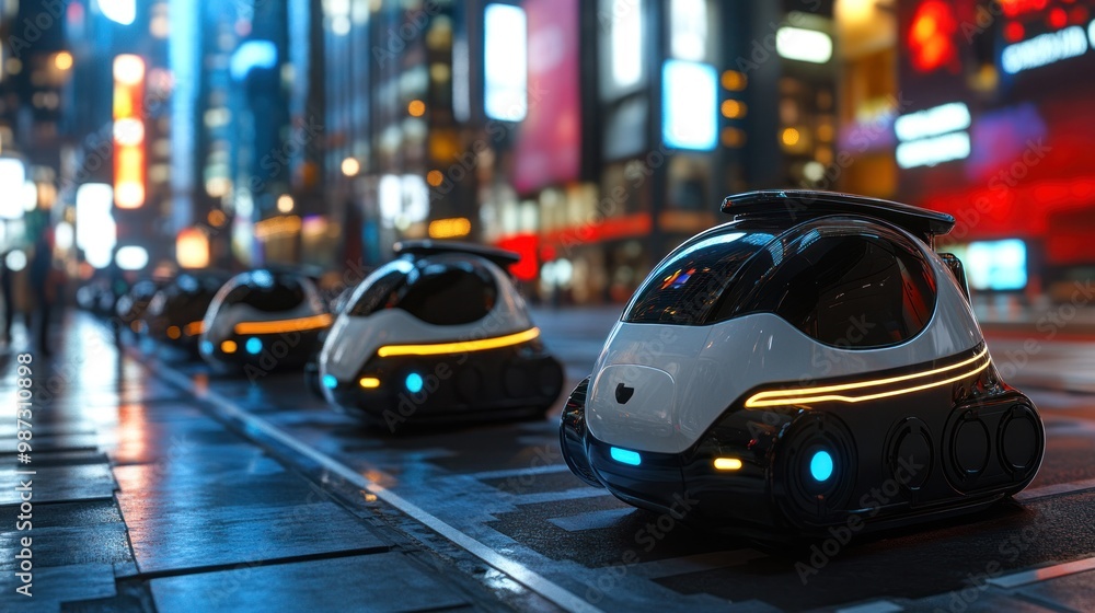 A network of smart robots in the capital city, performing tasks like surveillance, delivery services, and urban maintenance with precision A network of smart robots in the capital city, performing tasks like surveillance, delivery services, and urban maintenance with precision