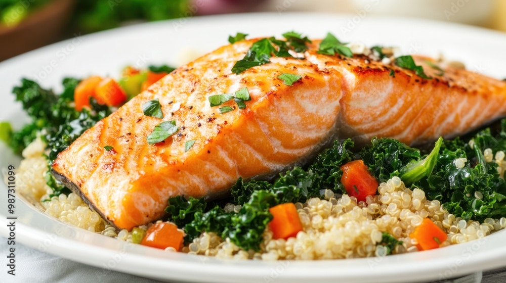 A nutrient-rich meal bursting with superfoods like salmon, kale, and quinoa, full of essential vitamins and minerals A nutrient-rich meal bursting with superfoods like salmon, kale, and quinoa, full of essential vitamins and minerals