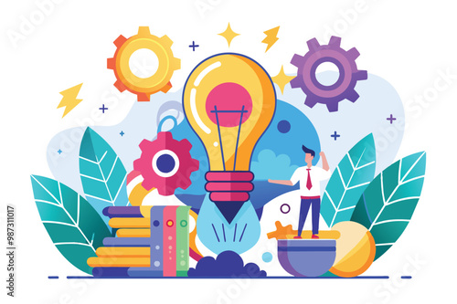 An illustration of a light bulb surrounded by various objects symbolizing creativity and innovative ideas.