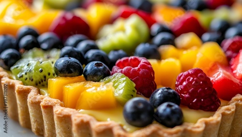 Fruit tart with mango, kiwi, raspberries and blueberries.