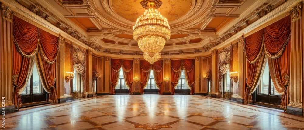 Obraz premium Magnificent chandelier illuminates a grand ballroom adorned with silk drapes, rich mahogany details, and an intricate ceiling, exuding timeless elegance and wealth