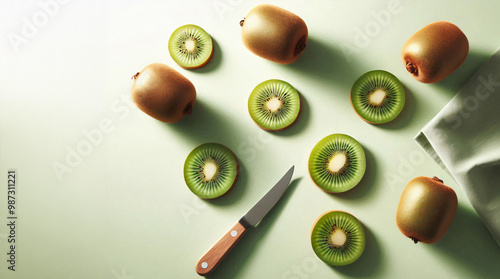 Kiwi appetitlich dekoriert auf blauem Untergrund, flatlay, copy space
