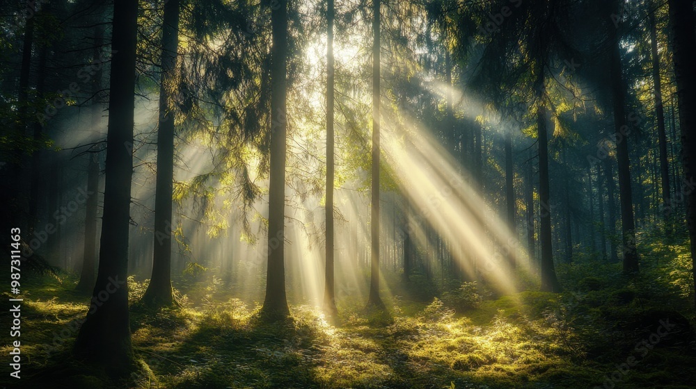 High contrast forest scene with sunlight streaming through tall trees creating sharp shadows and vibrant beams of light High contrast forest scene with sunlight streaming through tall trees creating sharp shadows and vibrant beams of light