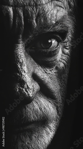 Black and white portrait of an old man face revealing deep wrinkles and strong contrasts between light and dark facial features