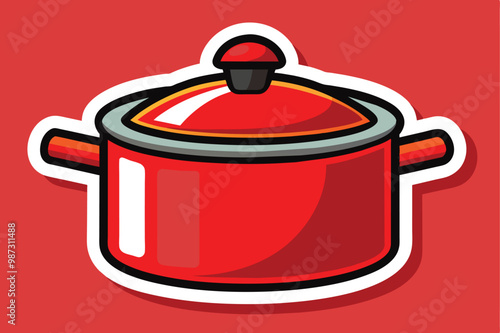 A red pot with a lid sits prominently against a vibrant red background, creating a striking monochromatic effect.