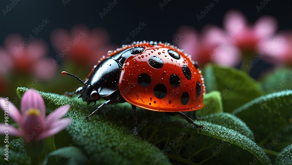 3D digital ladybug on flower with tech-inspired glow. 3D digital ladybug on flower with tech-inspired glow.