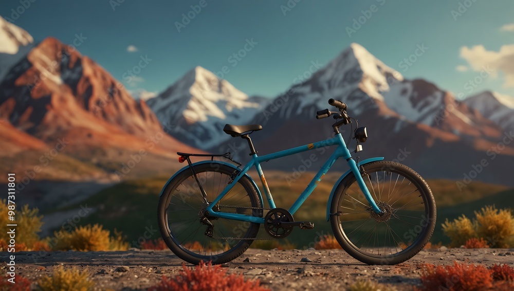 3D illustration of a bicycle set against colorful mountains. 3D illustration of a bicycle set against colorful mountains.