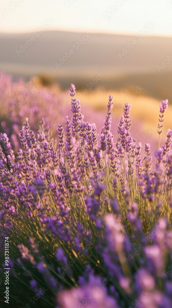 Obraz premium Lavender fields in Provence, soft purple hues, golden light at dusk, conveying relaxation and natural beauty of the landscape.