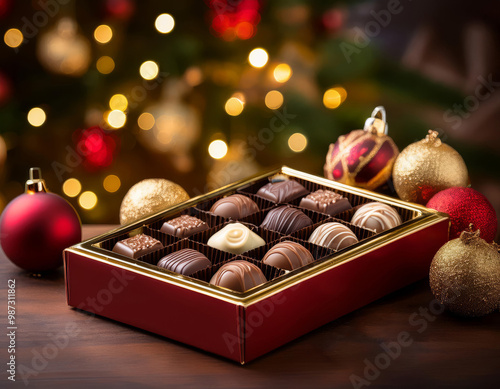 bombones de chocolate con árbol de navidad con luces encendidas de fondo photo