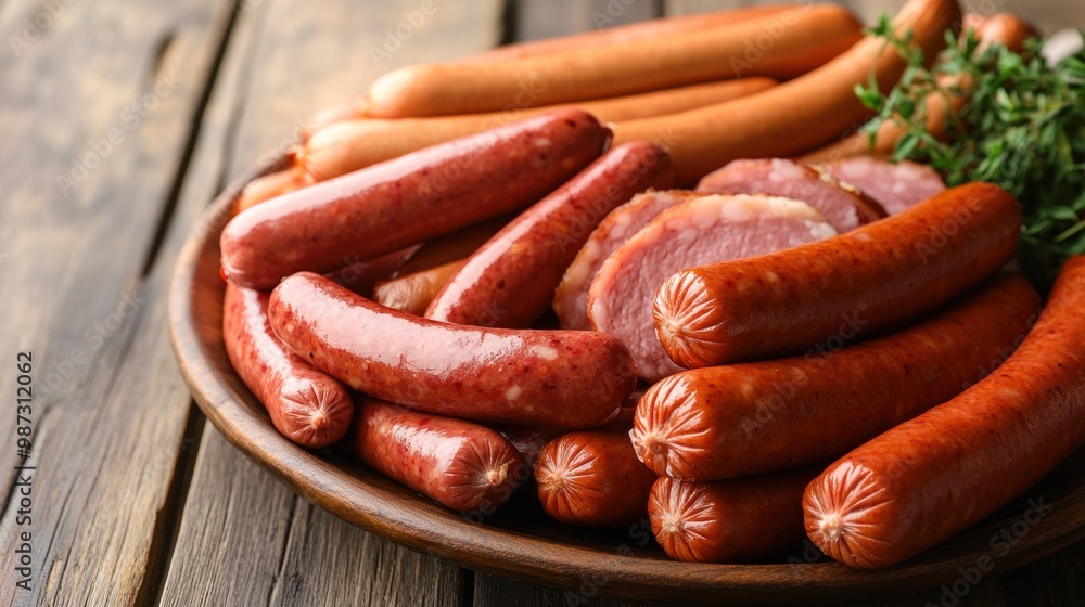 A plate filled with processed meat products like hot dogs and sausages, emphasizing their preservatives and sodium content A plate filled with processed meat products like hot dogs and sausages, emphasizing their preservatives and sodium content