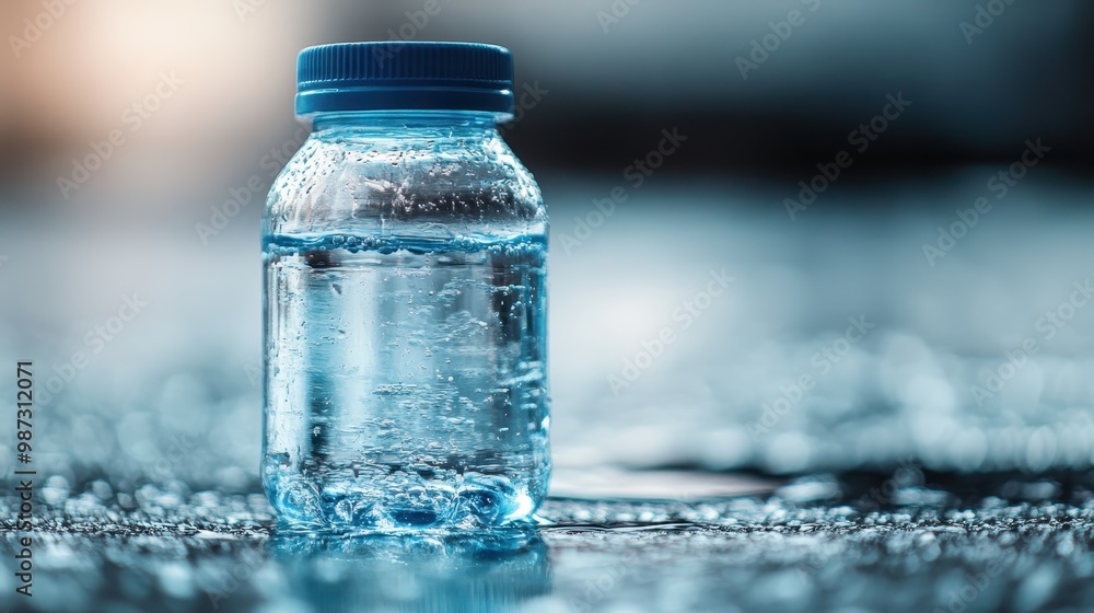 Photograph of a small clear bottle with a blue cap, containing water. The background is artistically blurred with a soft light, highlighting the bottle's clean and minimal design.