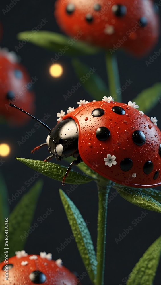3D ladybug on flower with network-inspired lighting. 3D ladybug on flower with network-inspired lighting.