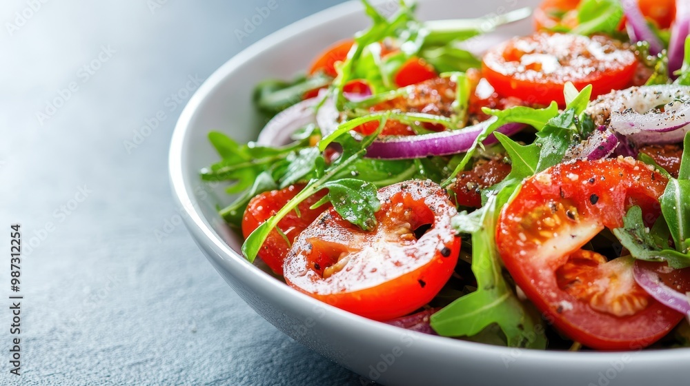 A bowl of fresh salad featuring tomatoes, onions, and arugula, seasoned with a sprinkle of spices, represents a healthy and appetizing meal option for health-conscious individuals. A bowl of fresh salad featuring tomatoes, onions, and arugula, seasoned with a sprinkle of spices, represents a healthy and appetizing meal option for health-conscious individuals.