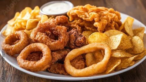 A plate of fried food including onion rings, fried chicken, and potato chips, showing the appeal of crunchy, unhealthy treats