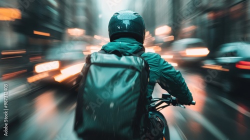 This image depicts a motorcyclist moving quickly through a wet, bustling city street at night, with a dark raincoat and helmet, capturing the sense of speed and urgency.