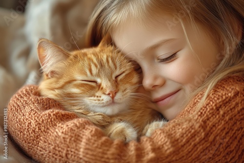 Comforting Connection - Young Child Embracing Pet Cat for Emotional Support and Safety