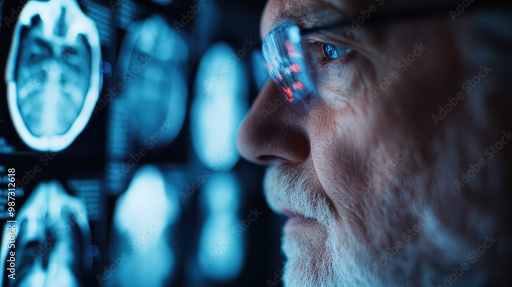 An elderly man, wearing glasses, intently examines brain scans illuminated in blue light, reflecting an environment of focus and scientific exploration. An elderly man, wearing glasses, intently examines brain scans illuminated in blue light, reflecting an environment of focus and scientific exploration.
