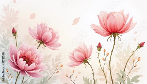 Wallpaper Mural Delicate pink peonies and leaves on a light background Torontodigital.ca