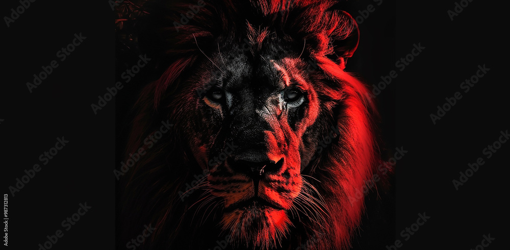 Lion's face is bright red and black on dark wallpaper Lion's face is bright red and black on dark wallpaper