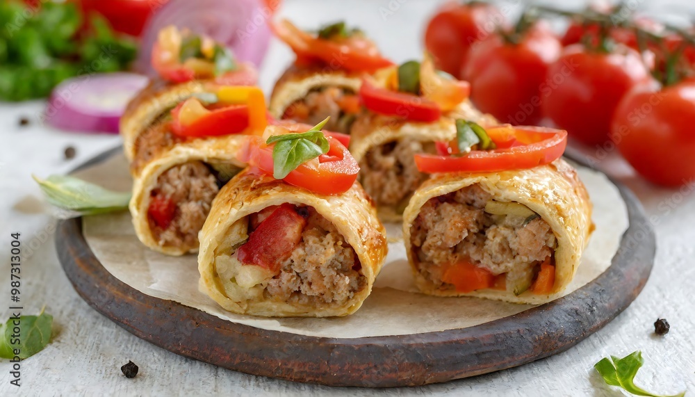Savoury Appetizer Rolls Stuffed with Ground Meat, Bell Peppers, Tomatoes, and Onions
Savoury Appetizer Rolls Stuffed with Ground Meat, Bell Peppers, Tomatoes, and Onions