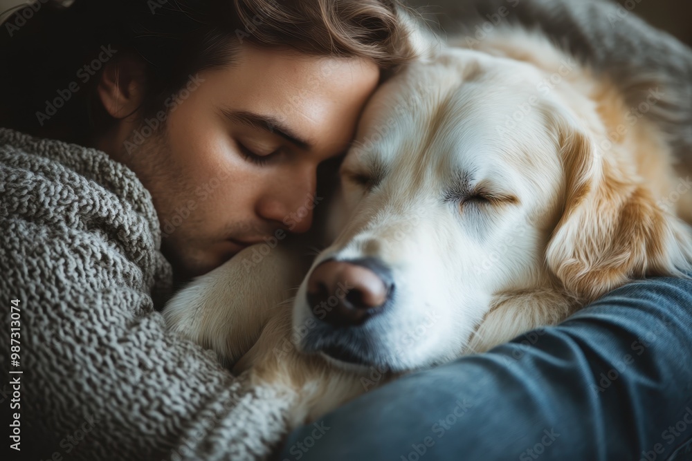 Comforting Bond - Man Finding Solace and Emotional Support by Leaning Against Pet Dog on the Floor Comforting Bond - Man Finding Solace and Emotional Support by Leaning Against Pet Dog on the Floor