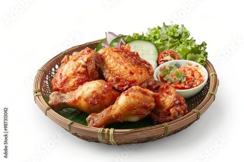 indonesian food lalapan ayam goreng. 3d render. on white background photo