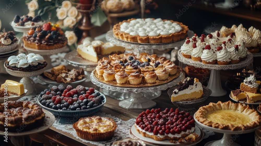 A rich dessert table featuring butter-laden pastries, cakes, and pies, showcasing their indulgent yet unhealthy nature A rich dessert table featuring butter-laden pastries, cakes, and pies, showcasing their indulgent yet unhealthy nature