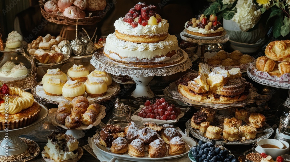 A rich dessert table featuring butter-laden pastries, cakes, and pies, showcasing their indulgent yet unhealthy nature A rich dessert table featuring butter-laden pastries, cakes, and pies, showcasing their indulgent yet unhealthy nature