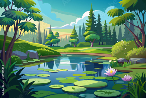tropical landscape with trees and water