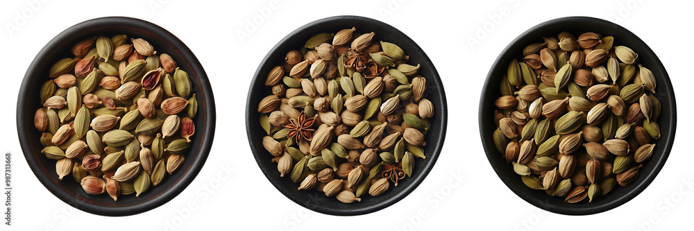 Three black bowls full of cardamom Isolated on white or transparent background Three black bowls full of cardamom Isolated on white or transparent background