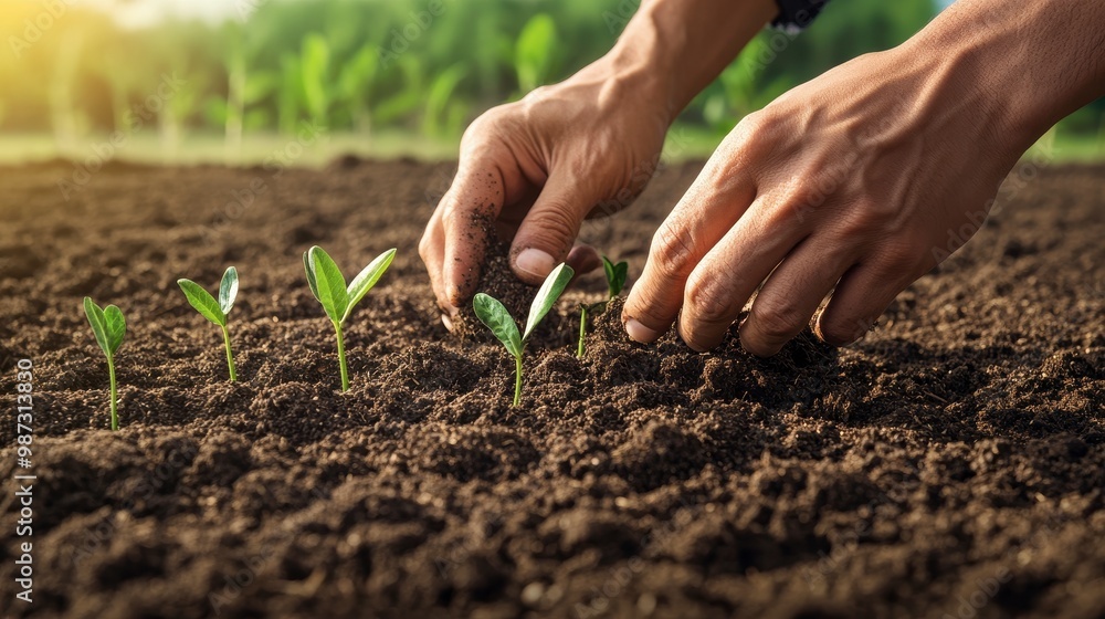 A person planting small seedlings in rich soil, fostering growth and nurturing nature in a sunlit agricultural environment. A person planting small seedlings in rich soil, fostering growth and nurturing nature in a sunlit agricultural environment.