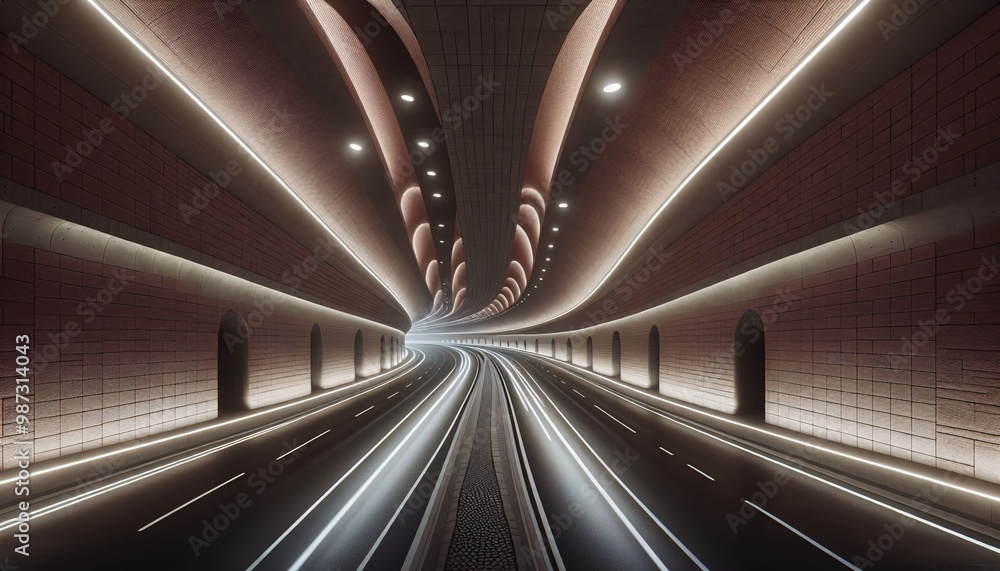 Ein eleganter, futuristischer Tunnel mit sanften Kurven und integrierter Beleuchtung, fortschrittliches architektonisches Design und moderne Technologie Ein eleganter, futuristischer Tunnel mit sanften Kurven und integrierter Beleuchtung, fortschrittliches architektonisches Design und moderne Technologie