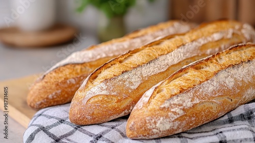 A trio of golden-crusted baguettes freshly baked, displayed on a checkered cloth kitchen towel, epitomizing the essence of traditional baking and artisanal bread-making. photo