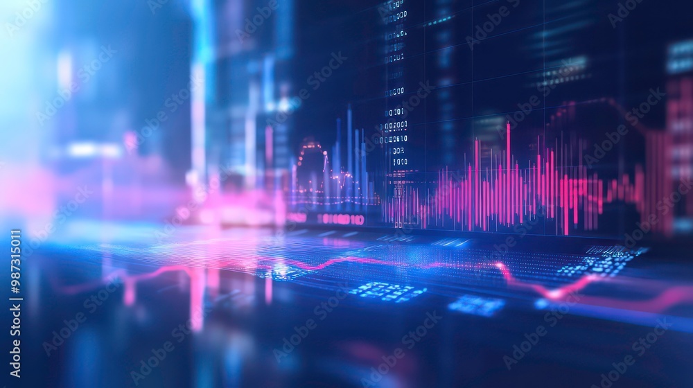 Abstract background with blurred city lights and a computer screen showing a financial chart. Abstract background with blurred city lights and a computer screen showing a financial chart.