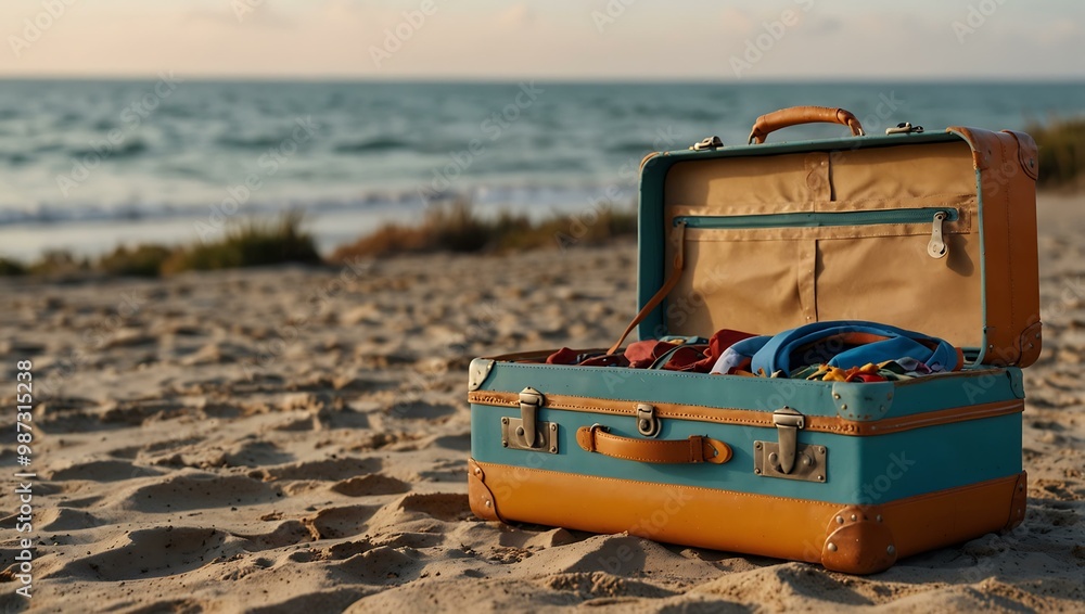 A colorful suitcase on a beach evokes travel and adventure. A colorful suitcase on a beach evokes travel and adventure.