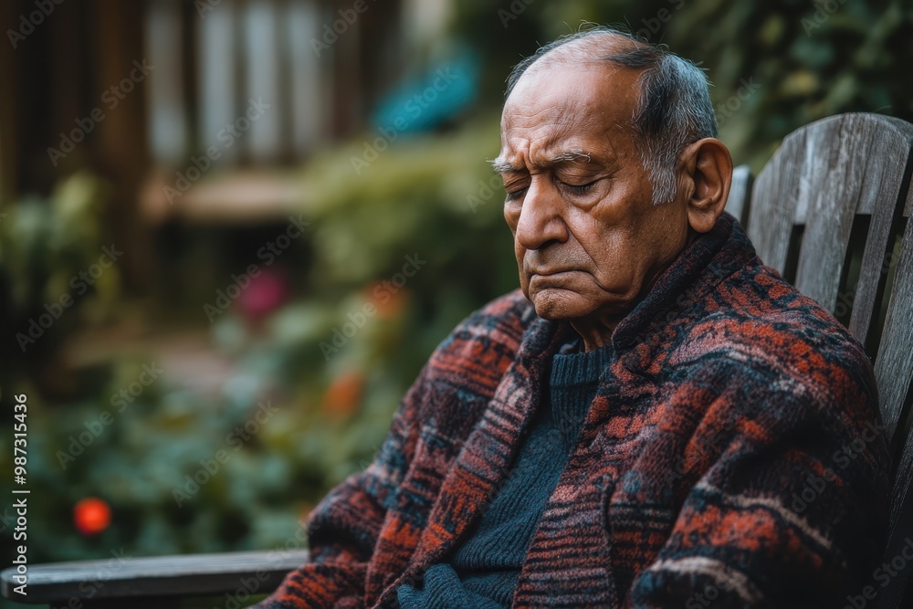 Serene South Asian Elderly Man Reflecting on Anxiety in a Garden Oasis Serene South Asian Elderly Man Reflecting on Anxiety in a Garden Oasis