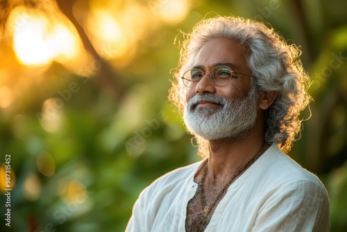 Serene Elderly South Asian Man Reflecting on Anxiety in Peaceful Garden Setting